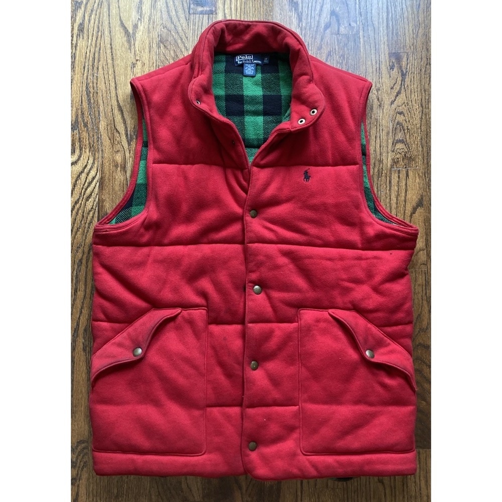 VTG Polo Ralph Lauren Puffer Vest Mens Large TALL Snap Flannel Plaid Lined Red